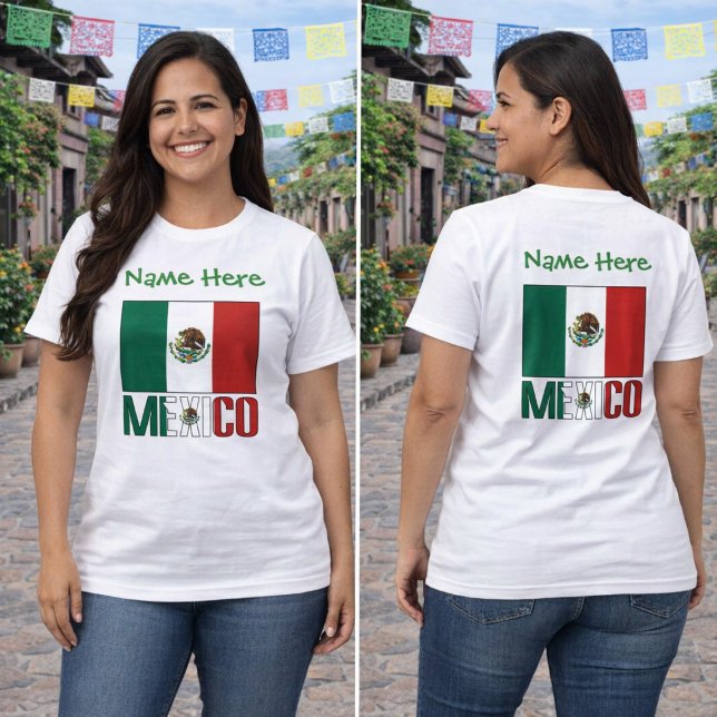 Camiseta Feminina com Nome Personalizado da Bandei (Women’s tee with Mexico flag, green name text above and MEXICO lettering below, front and back views)
