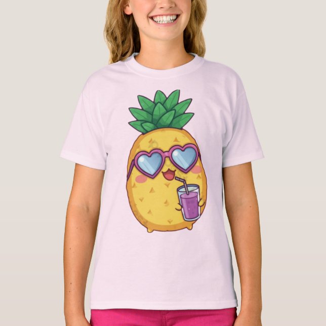 Camiseta Feminina de Abacaxi Bonito com Óculos de  (Frente)