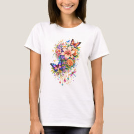 Camiseta Feminina de Borboleta Floral de Luxo
