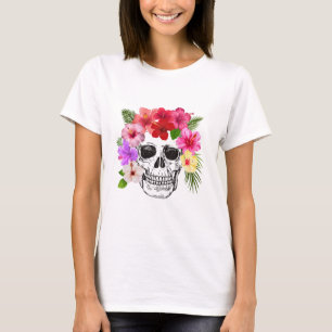 Camiseta Feminina de Caveira Floral Colorida