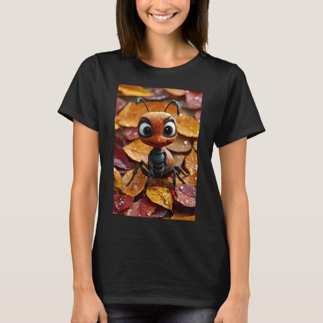 Camiseta Feminina de Formiga Fofa em Folhas de Out (Frente)