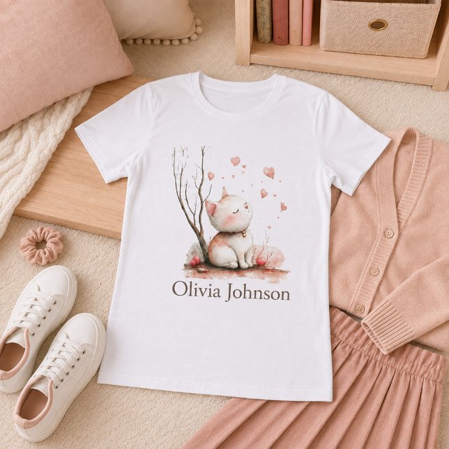 Camiseta Feminina de Gatinho Fofo Personalizada co (Personalized Cute Kitten with Hearts Women's T-Shirt)