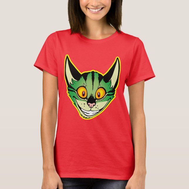 Camiseta Feminina de Gato de Desenho Fluorescente (Frente)