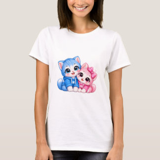 Camiseta Feminina de Gatos Fofos Abraçando | Kawai