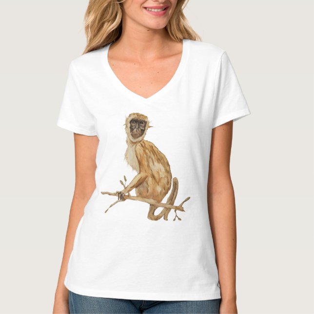 Camiseta Feminina de Gola V Macaco Propensão de Pr (Frente)