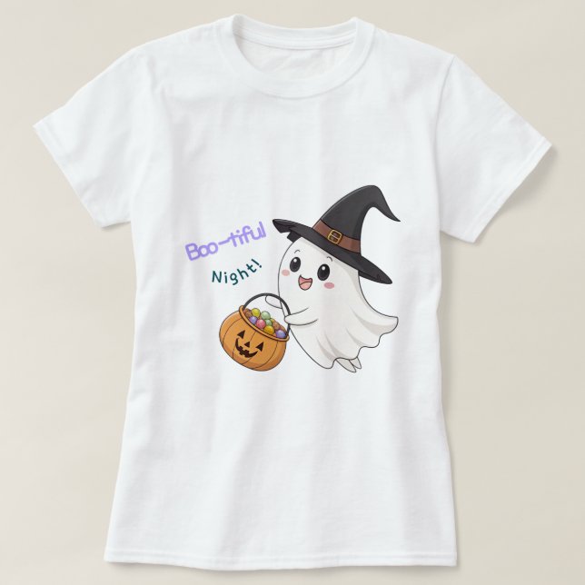 Camiseta Feminina de Halloween Adorável Fantasma (Frente do Design)