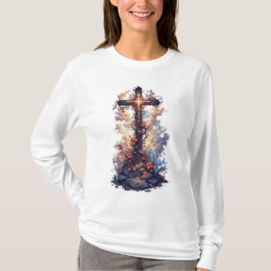 Camiseta Feminina de Manga Longa com Cruz Cristã B