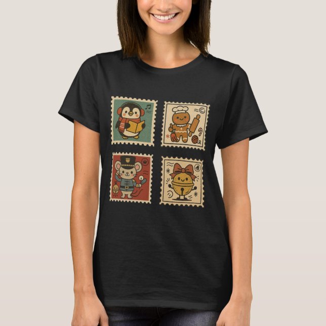 Camiseta Feminina de Natal com Colagem de Selos Re (Frente)