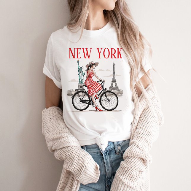 Camiseta Feminina de Nova York, Bicicleta, Torre E (Criador carregado)