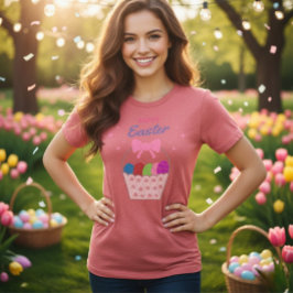 Camiseta Feminina de Páscoa Feliz com Laço Rosa