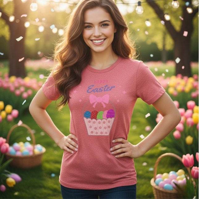Camiseta Feminina de Páscoa Feliz com Laço Rosa (Criador carregado)