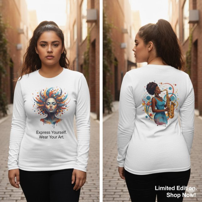 Camiseta Feminina de Sonhadora Abstrata de Dupla F (Double-Sided Abstract Dreamer Woman T-Shirt Art)