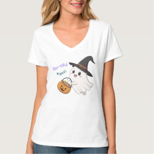 Camiseta feminina decote V de Halloween Fofo