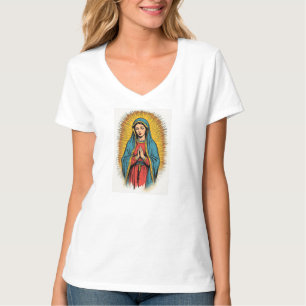 Camiseta feminina decote V Virgem Maria Retro