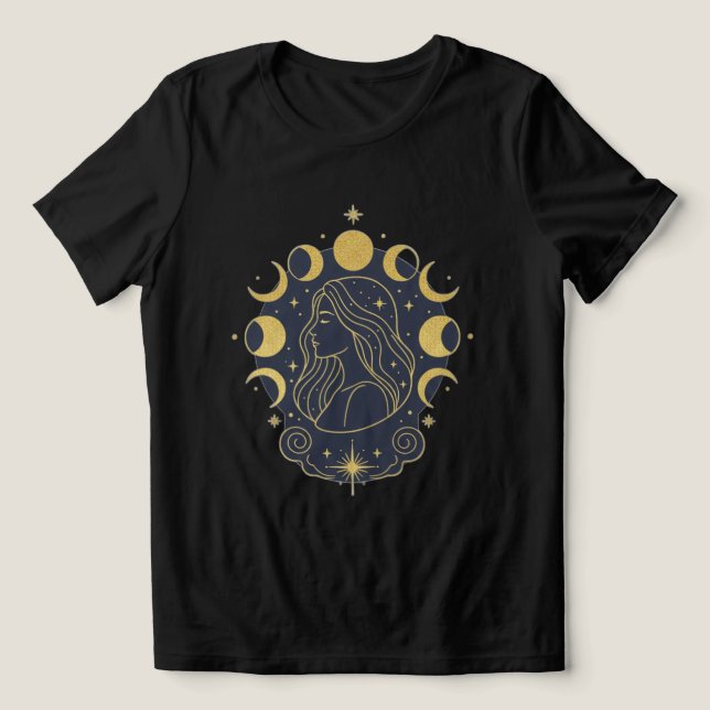 Camiseta Feminina Deusa Celestial Lua e Estrelas (Design frontal)
