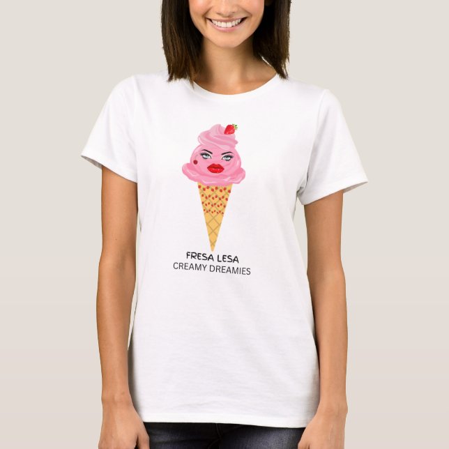 camiseta feminina Fresa Lesa cone de sorvete de mo (Frente)