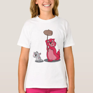 Camiseta Feminina Gato Vermelho Fofo e Rato Cinza 