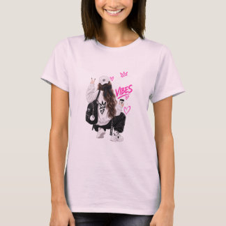 Camiseta Feminina Gráfica de Menina Fofa Vibrações