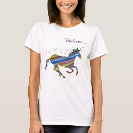 Camiseta Feminina Listrada Unicórnio Magia Acredit