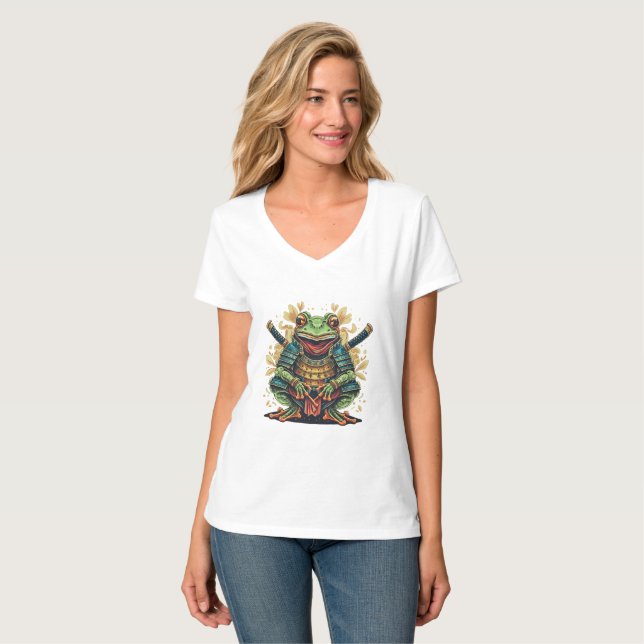 Camiseta feminina Samurai Frog Warrior decote em V (Frente Completa)