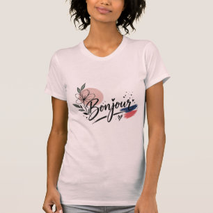 Camiseta Feminina Tipografia Floral Bonjour Fofa