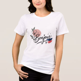 Camiseta Feminina Tipografia Floral Bonjour Fofa