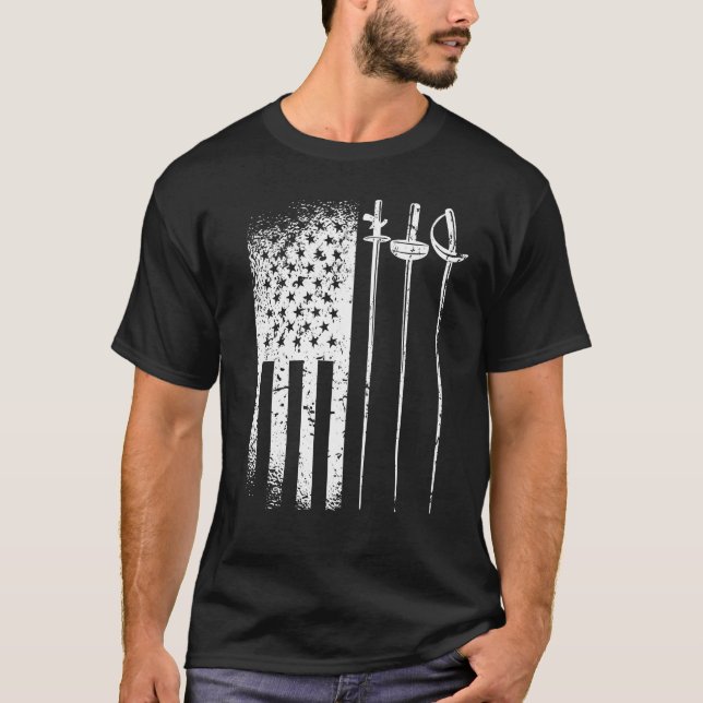Camiseta Fencing America Flag 4 de julho, espião sabre (Frente)