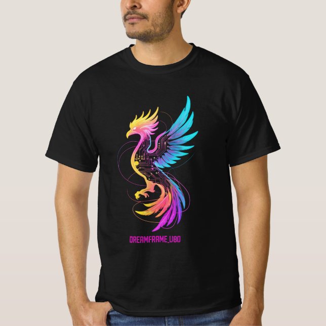 Camiseta Fênix Retro Synthwave – Neon Ciberpunk Glowing B (Frente)
