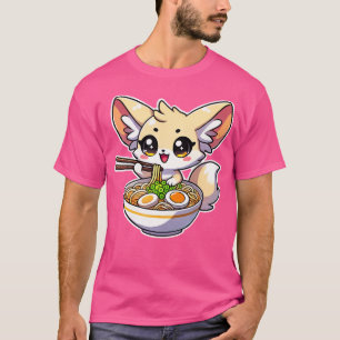 Camiseta Fennec Fox Eating Ramen Japonês Anime Kawaii Girl