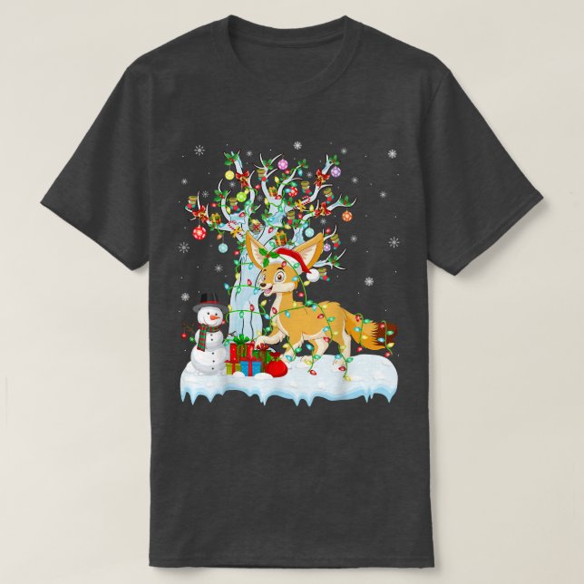 Camiseta Fennec Fox Xmas Tree Lighting Santa Hat Fennec Fox (Frente do Design)