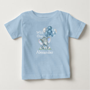 Camiseta Fera Um 1º Aniversário Balões de Elefante Azul