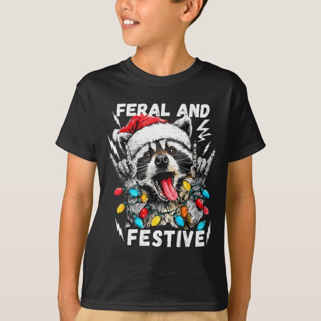 Camiseta Feral And Festive Funny Christmas Rocker Raccoon S (Frente)