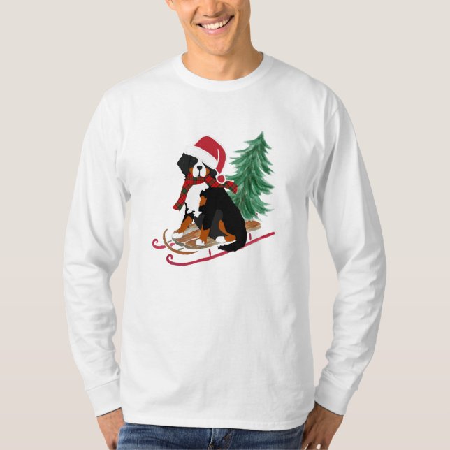 Camiseta Feriado Bernese Mt Cachorro de Natal Sled (Frente)