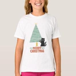 Camiseta Feriado de Árvore de Natal Feliz Gato Preto