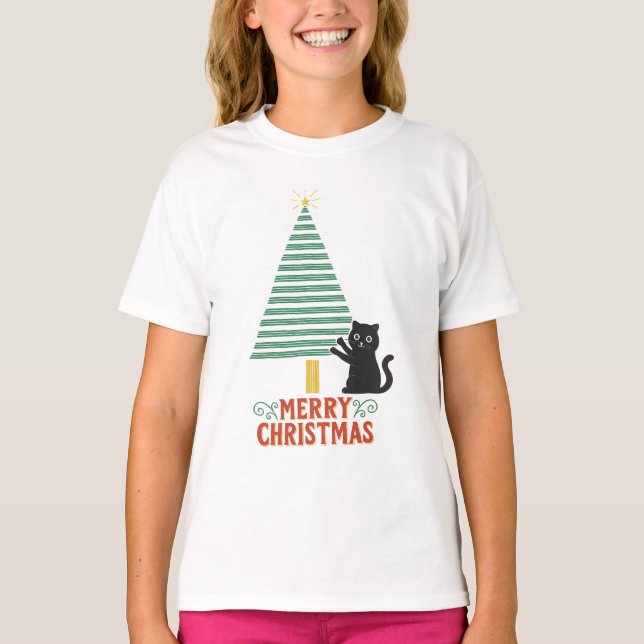 Camiseta Feriado de Árvore de Natal Feliz Gato Preto (Frente)