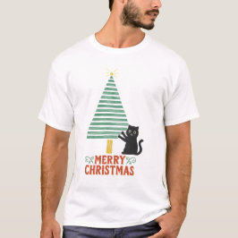 Camiseta Feriado de Árvore de Natal Feliz Gato Preto