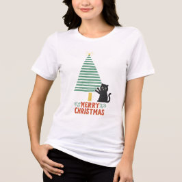 Camiseta Feriado de Árvore de Natal Feliz Gato Preto