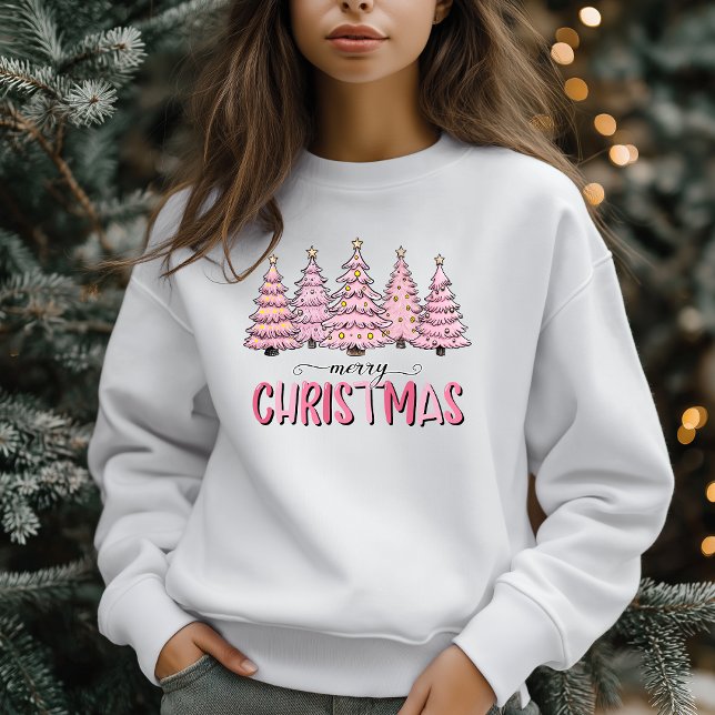 Camiseta Feriado de inverno de Árvore Rosa (Pink Christmas Trees Sweatshirt - Cute Holiday Fashion)