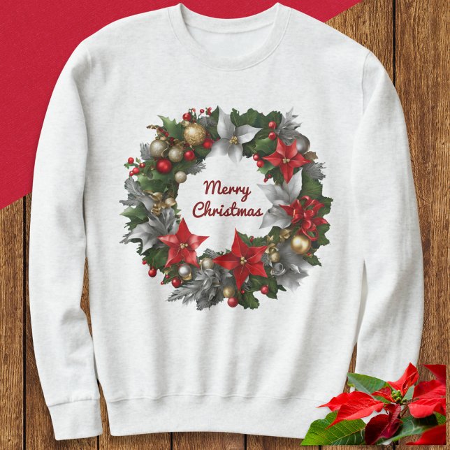 Camiseta Feriado de inverno Festivo Wreath Festivo (A festive sweatshirt with Merry Christmas greeting in a wreath of flowers, greenery and ornaments)