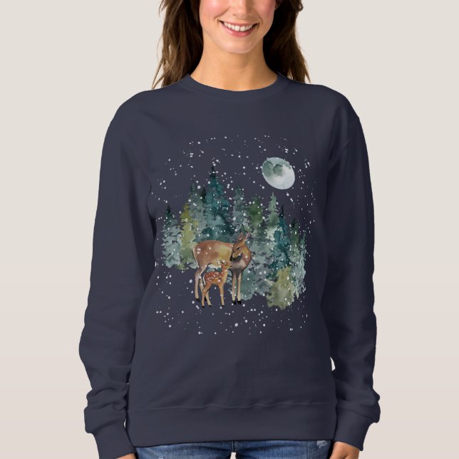Camiseta Feriado de Lua Cheia de Neve na Floresta de Cervos (Frente)