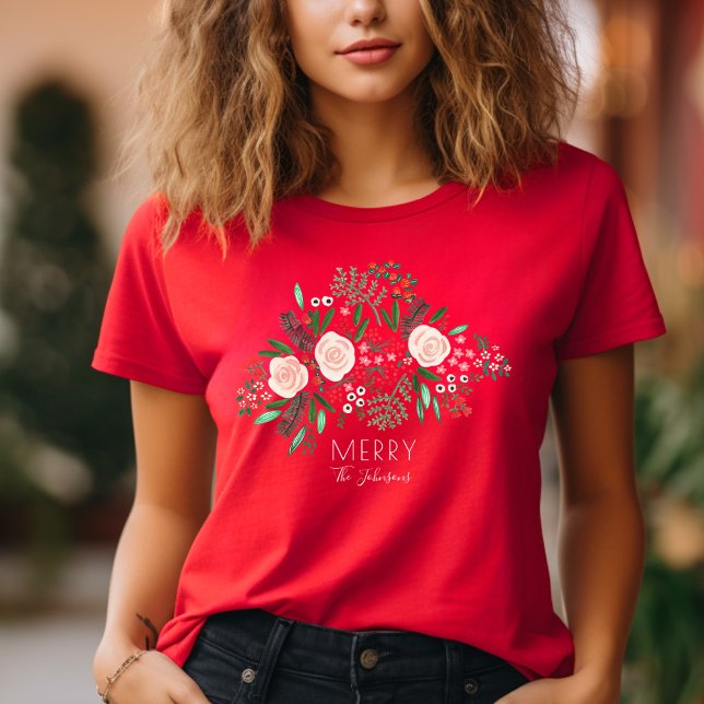 Camiseta Feriado de Natal com Padrão Floral Elegante (Elegant Floral Pattern Christmas Holiday T-Shirt)