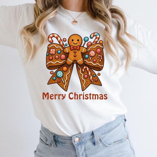 Camiseta Feriado de Natal do Arco Coquette Man Gingerbird (Gingerbread man Coquette Bow Merry Christmas Happy Holidays Sweatshirt. Gift for her)