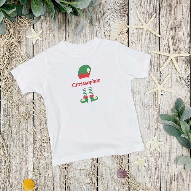 Camiseta Feriado de Natal do Elf Vermelho Verde Personaliza (Personalized Monogrammed Christmas Elf Toddler, Baby T-shirt. Available in many kids sizes)