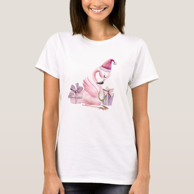 Camiseta Feriado de Natal Tropical Flamingo Bonito (Frente)