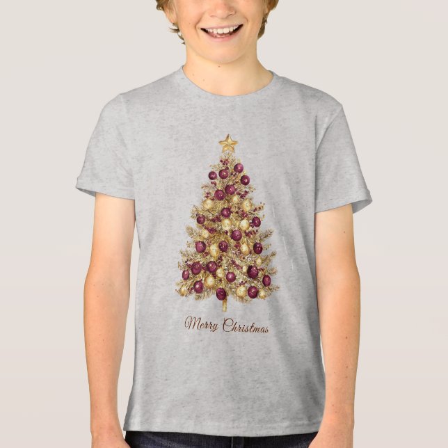 Camiseta Feriado Dourado da Árvore de Natal Burgundy (Frente)