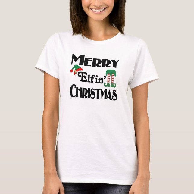 Camiseta Feriado Engraçado Feliz Elfin Natal (Frente)