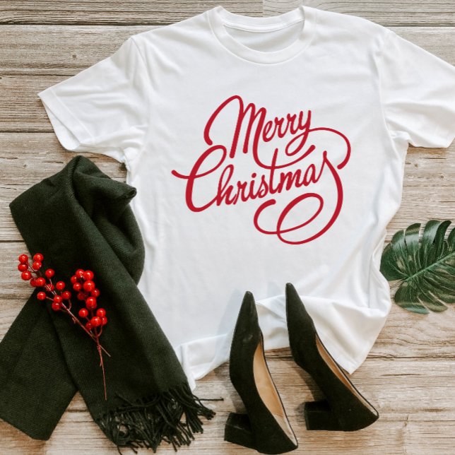 Camiseta Feriados de Natal Feliz do Script Vermelho Xmas Fe (Merry Christmas Script | Festive Holiday T-Shirt)