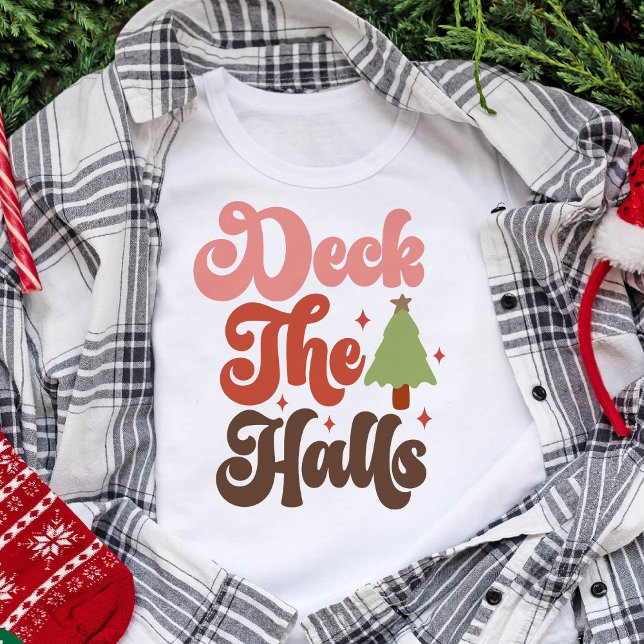 Camiseta Feriados de Natal na Terra dos Tempos (Deck the Halls Retro Groovy Christmas Holidays T-Shirt)