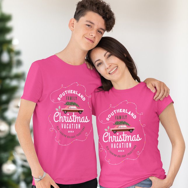 Camiseta Férias de Natal Familiares Carro vintage Rosa (Family Christmas Vacation Retro Pink Vintage Car T-Shirt)