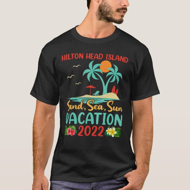 Camiseta Férias de Praia 2022 Retro Sunset Hilton Head Islã (Frente)